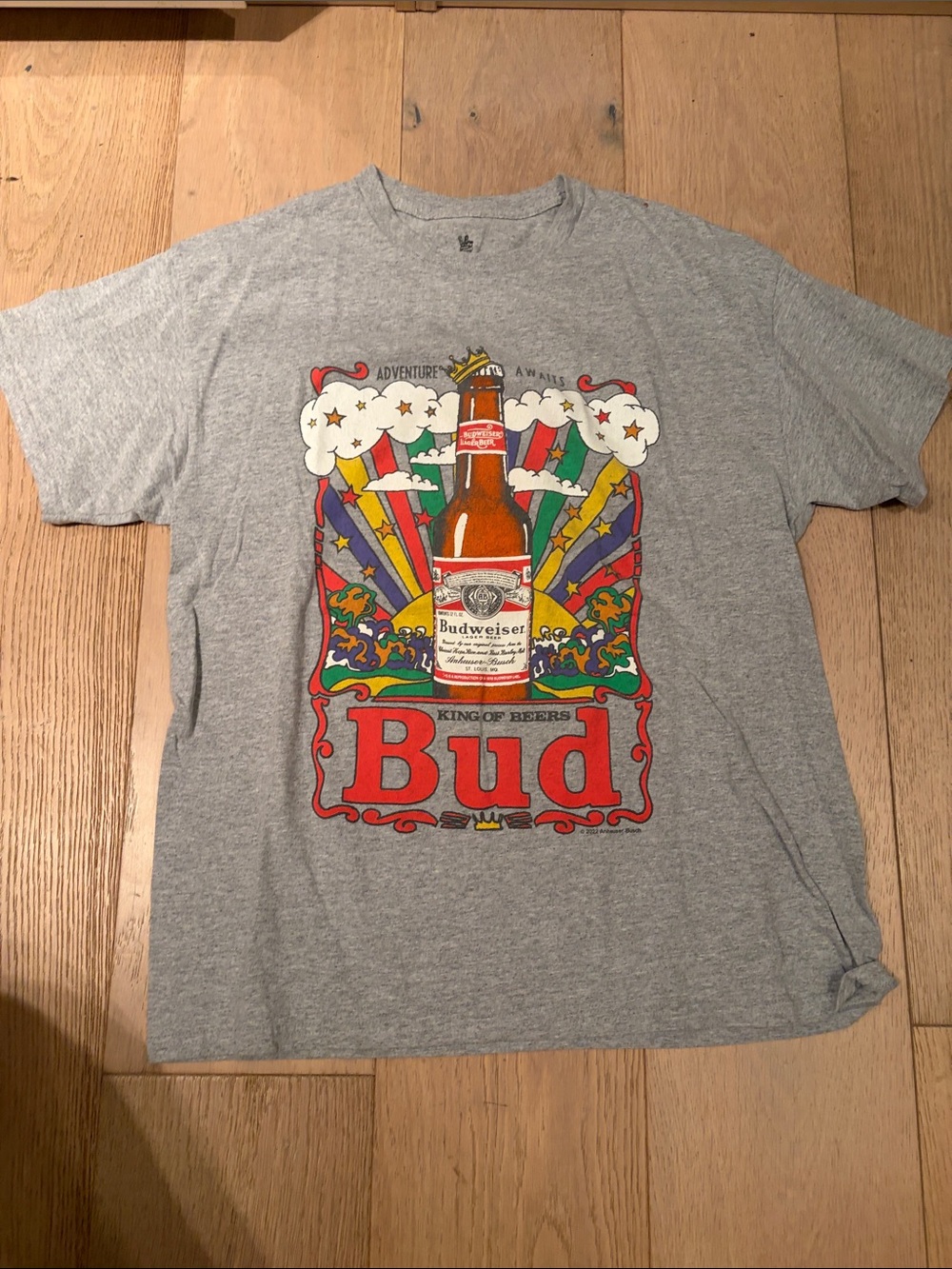 Junk Food Clothing Gray Tee with Colorful Retro Bud Bottle Graphic
